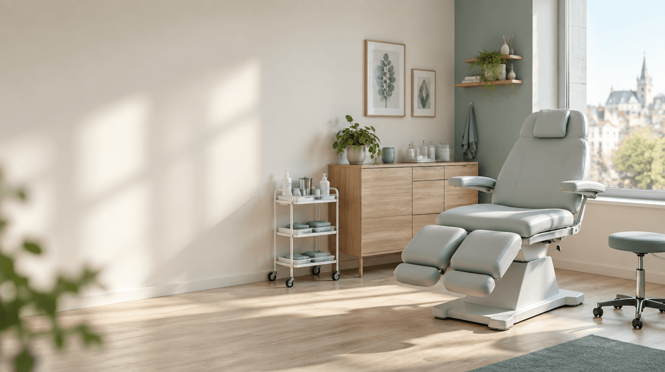 Salle de soins d'un cabinet de podologie, lumineuse et épurée